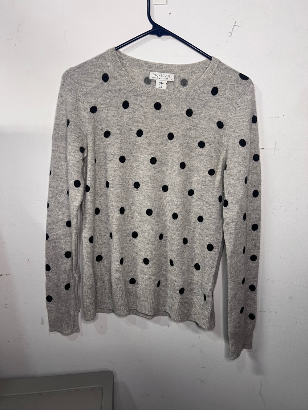 Rachel Zoe 2 ply cashmere Heather Gray Crewneck Sweater with Black Polka Dots